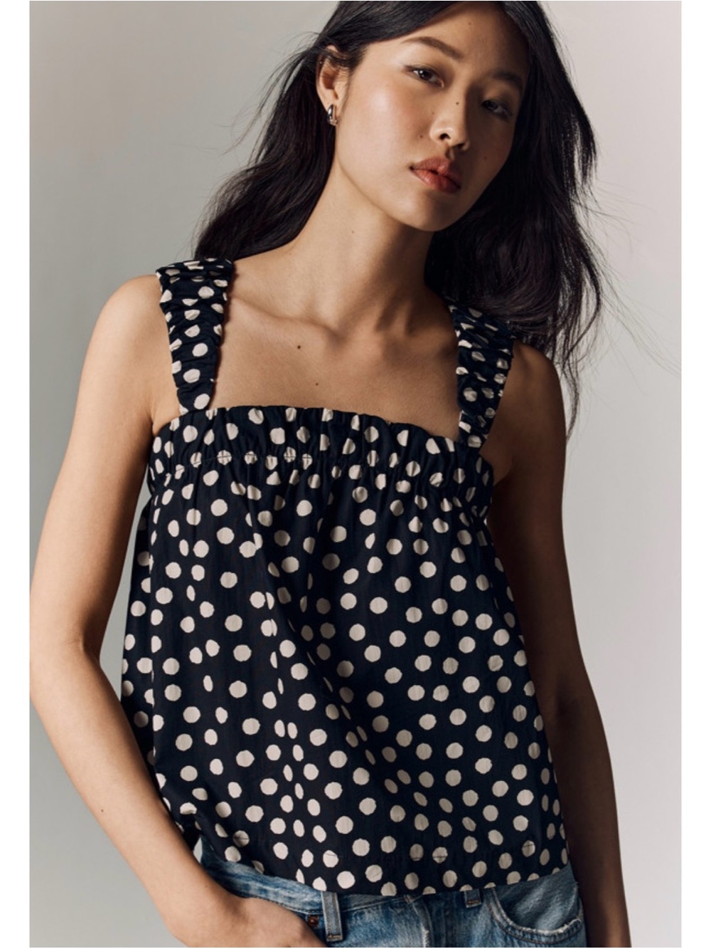 Polka Dot Smocked Strap Tank Top - Black/White